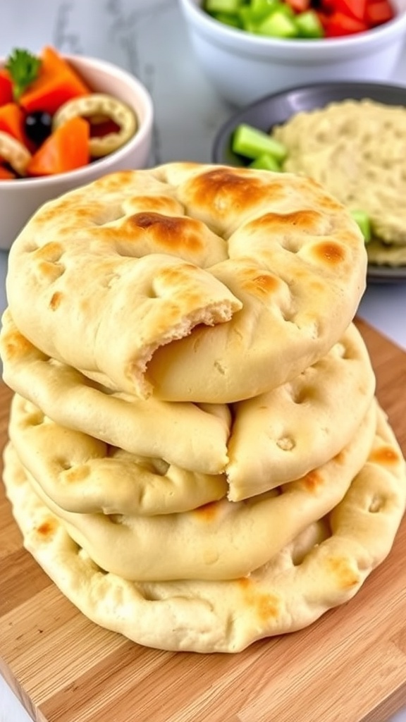 Freshly baked no-yeast pita bread stacked on a cutting board with hummus and vegetables.
